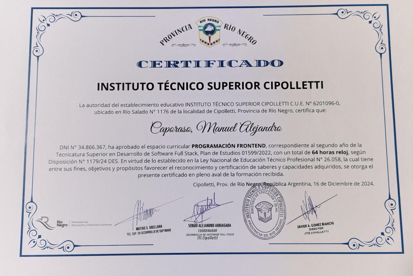 Certificado · Programación Frontend (ITS)