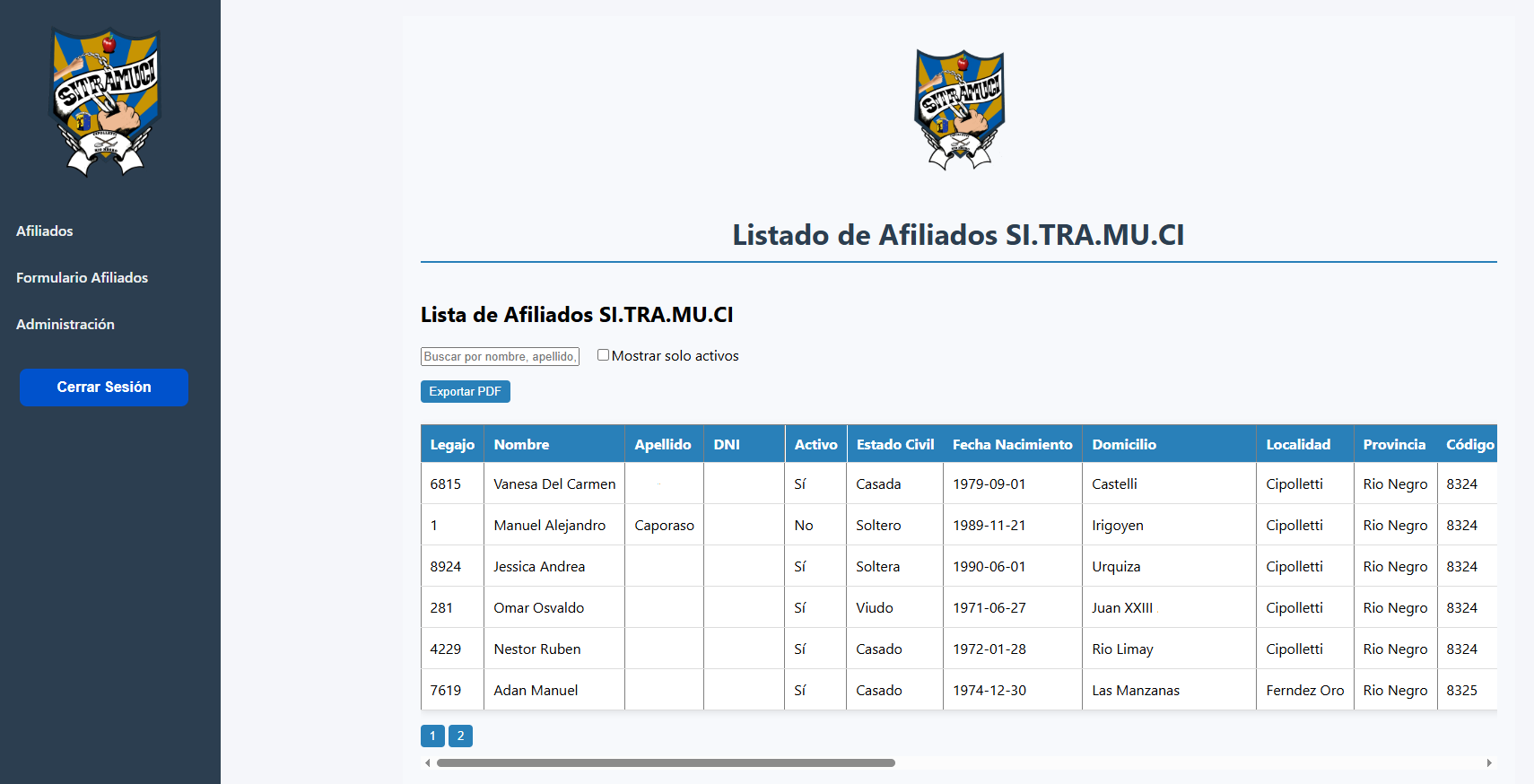 Carga de datos sindicato